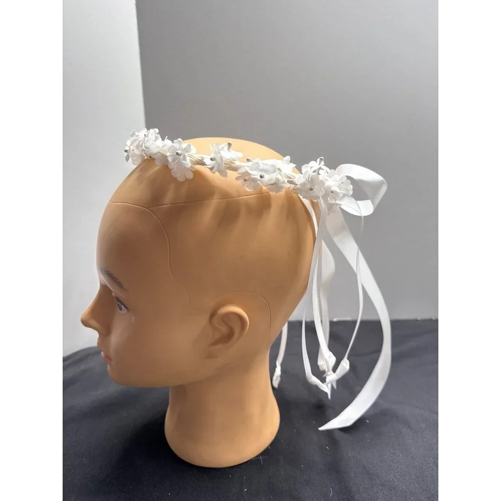White Floral Halo Headband With Streamer Ribbons For Weddings & Special Occasion
